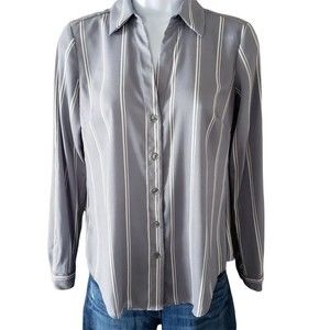 Ann Taylor Long Sleeve Button Up Shirt Blouse, Gray/Cream Stripe, XS Petite